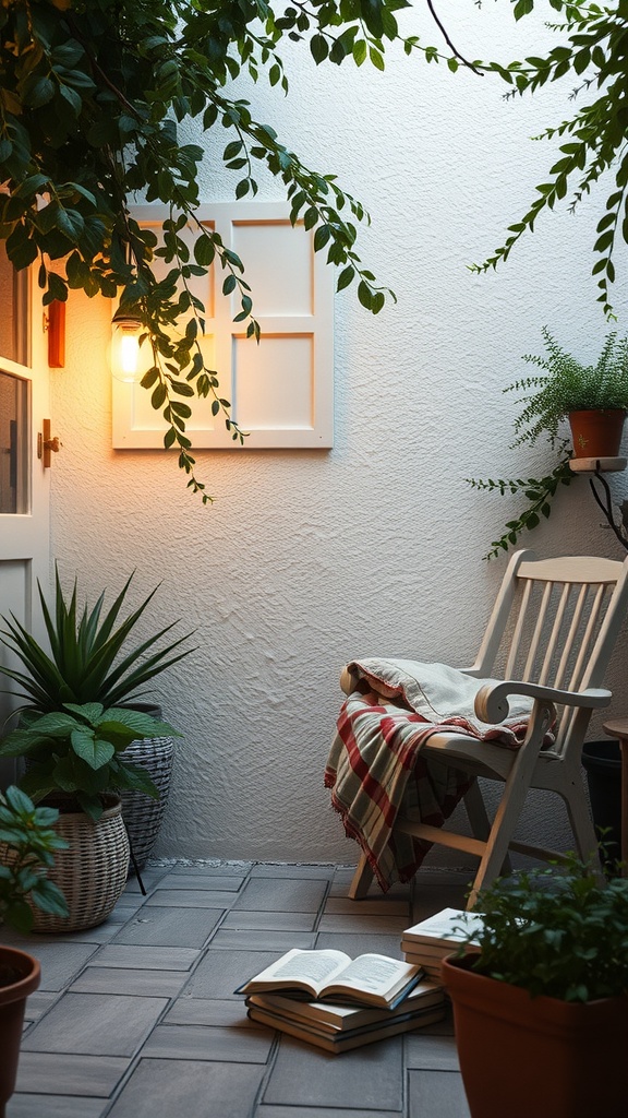 A cozy reading nook on a Japandi patio with a wooden chair, blanket, plants, and books.