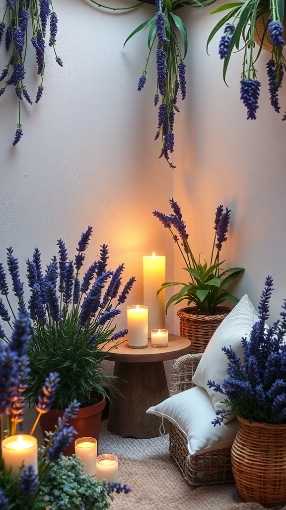 A cozy lavender aromatherapy corner with potted lavender plants, candles, and soft cushions.