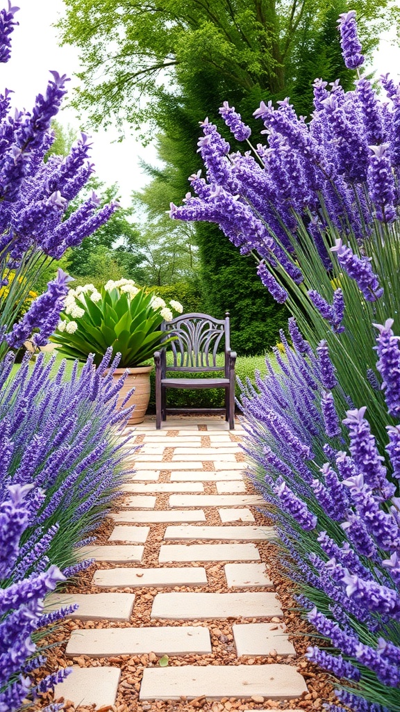 A serene pathway lined with lavender plants and a wooden bench.