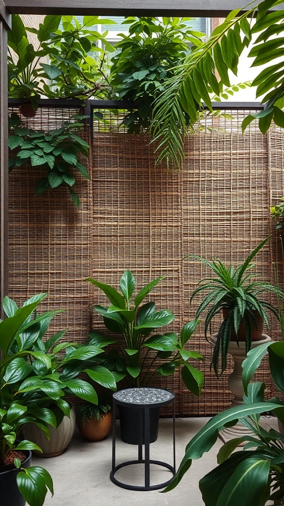 A patio with bamboo screens and various green plants, featuring a small black table.