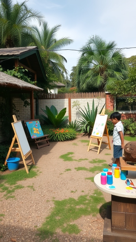 Outdoor art space for kids with easels and paints in a garden