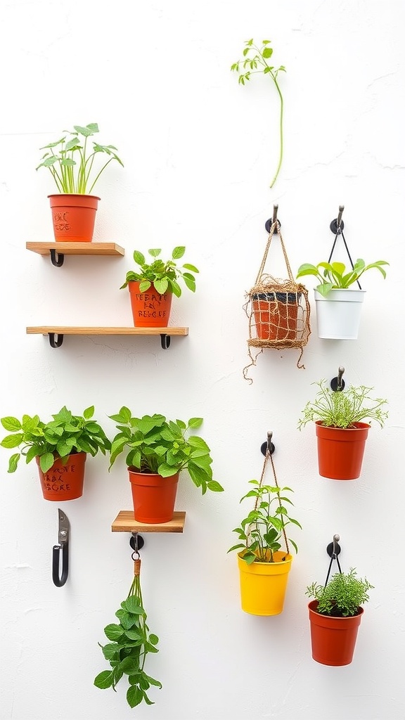 A wall-mounted herb garden featuring colorful pots with various herbs arranged on a white wall.