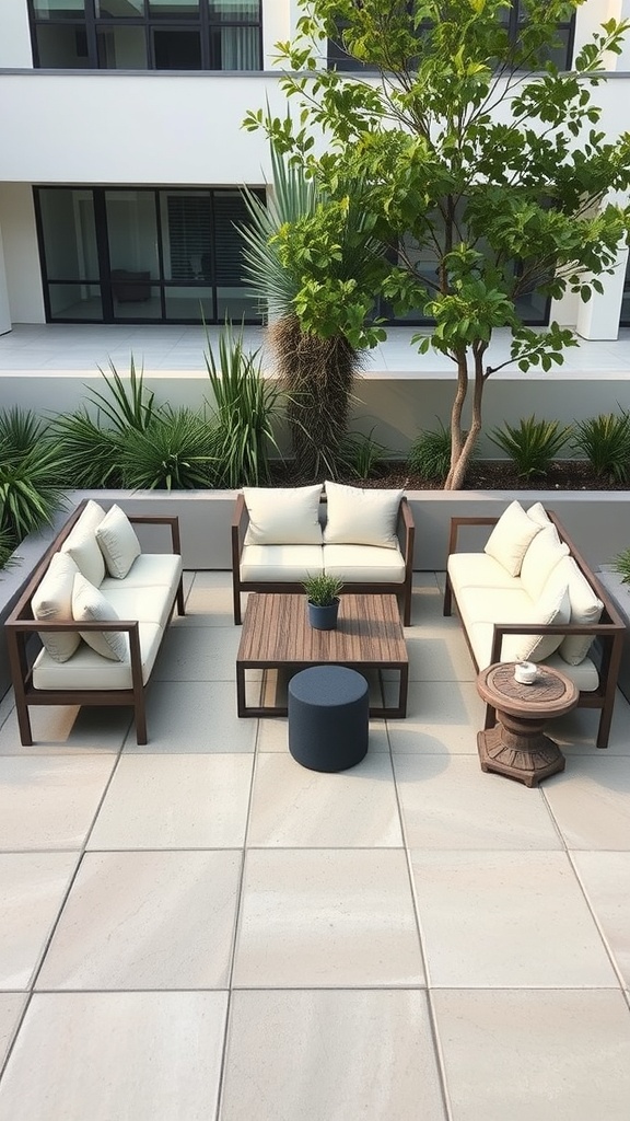 A stylish patio area with modular furniture, featuring light cushions and wooden frames, surrounded by greenery.