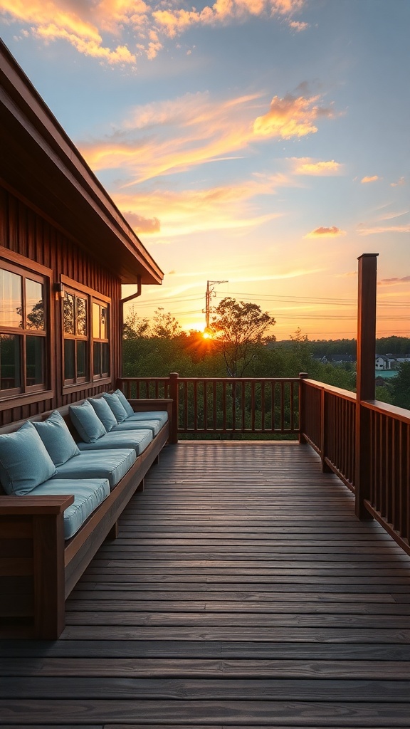 A wooden deck with built-in seating and soft blue cushions, overlooking a sunset.