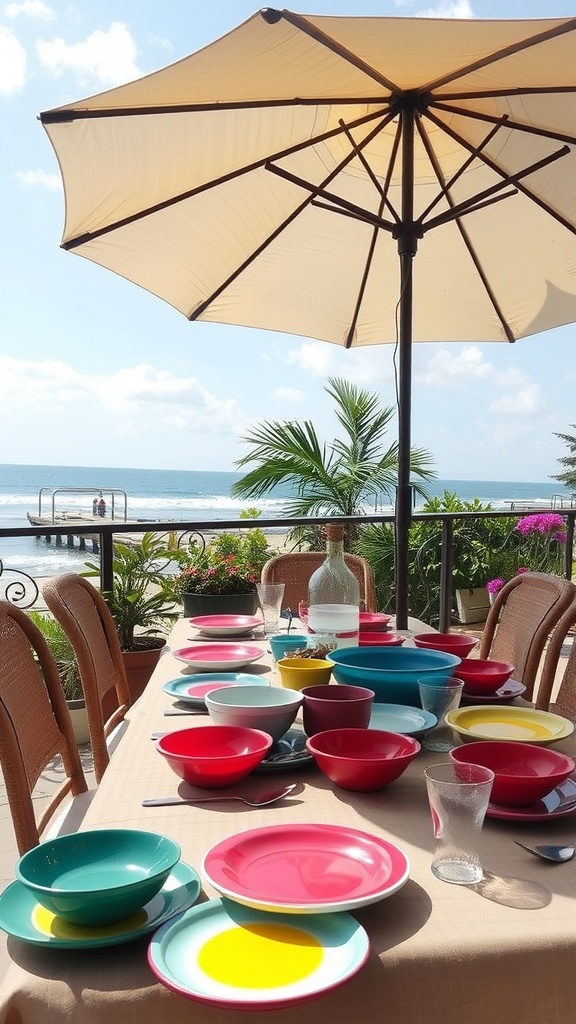 Outdoor dining area with a round table, chairs, and a large umbrella, surrounded by greenery.