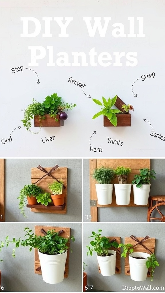 Image showing various DIY wall planters for herbs with instructions.
