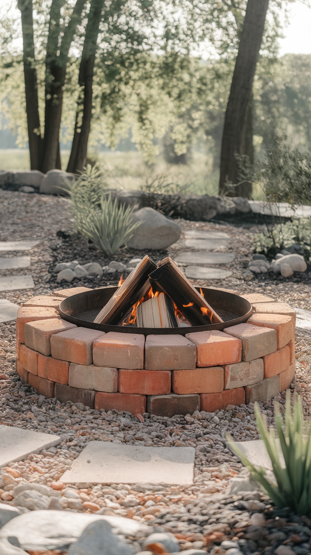A cozy eco-friendly fire pit made of bricks, surrounded by pebbles and greenery.