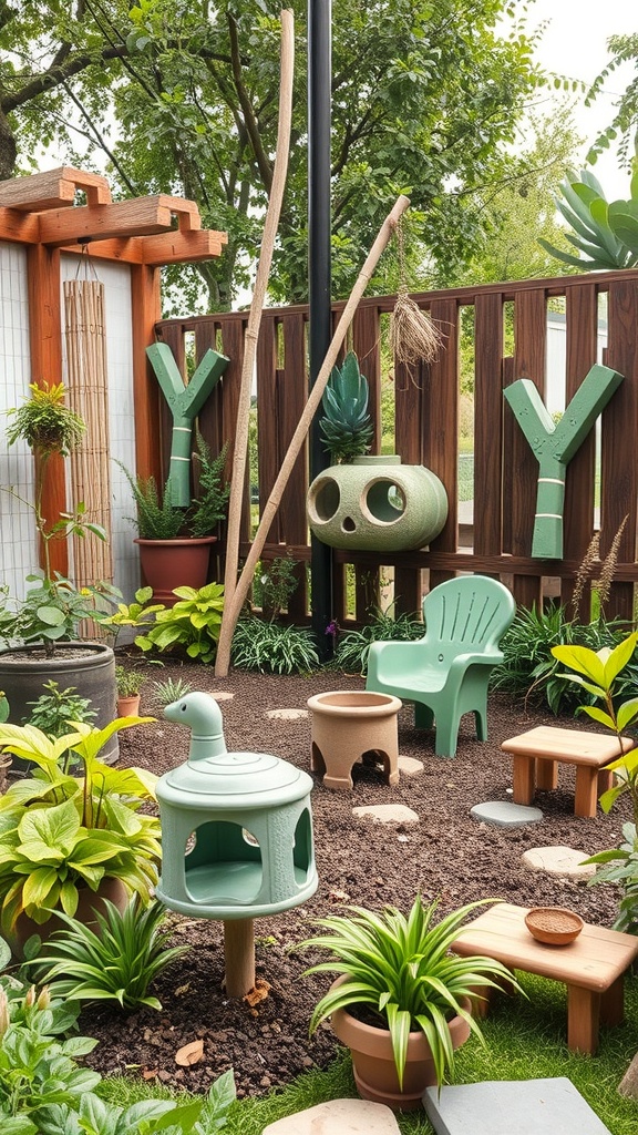 A colorful eco-friendly kids play area featuring a turtle-shaped structure, green chairs, and various plants.