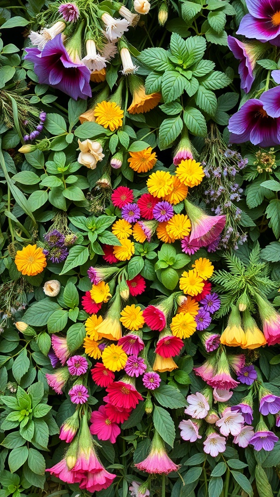 A colorful display of edible flowers and green leaves in a herb wall garden.