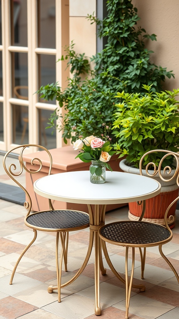 A small bistro set with a white table and two chairs, surrounded by greenery and a vase of flowers.