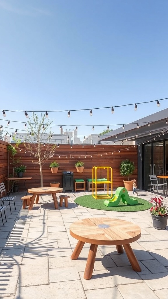 A family-friendly patio with play area, featuring a yellow play structure, green rug, wooden tables, and string lights.