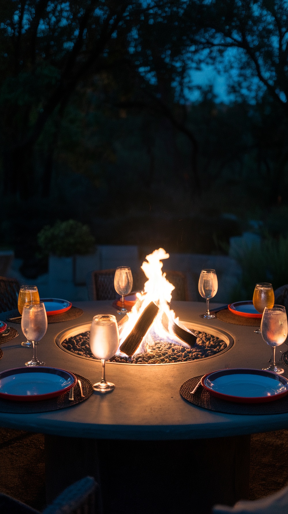 A modern fire pit table set for outdoor dining with plates and drinks around it.