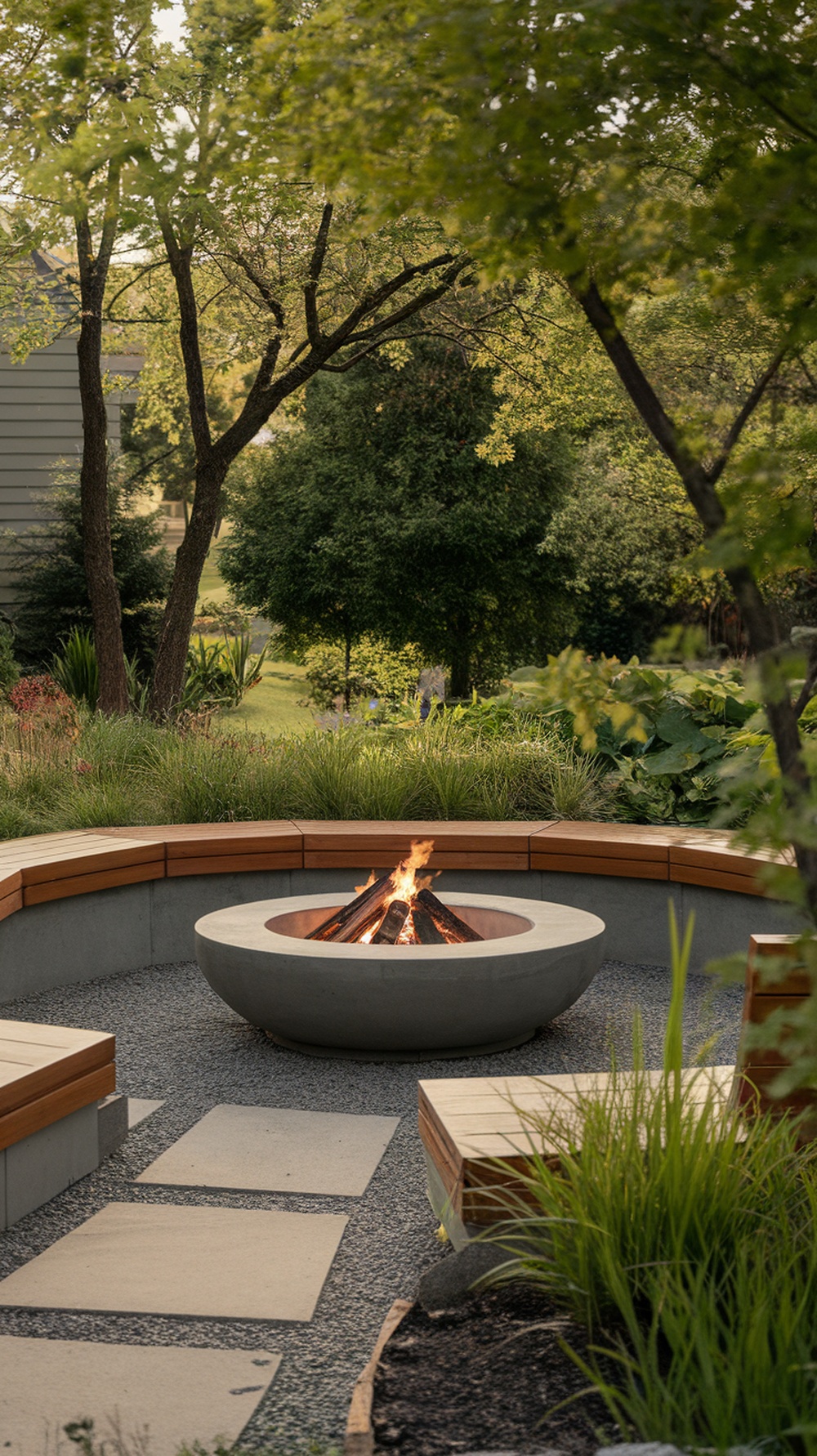 A modern fire pit surrounded by a circular wooden bench in a green outdoor setting.