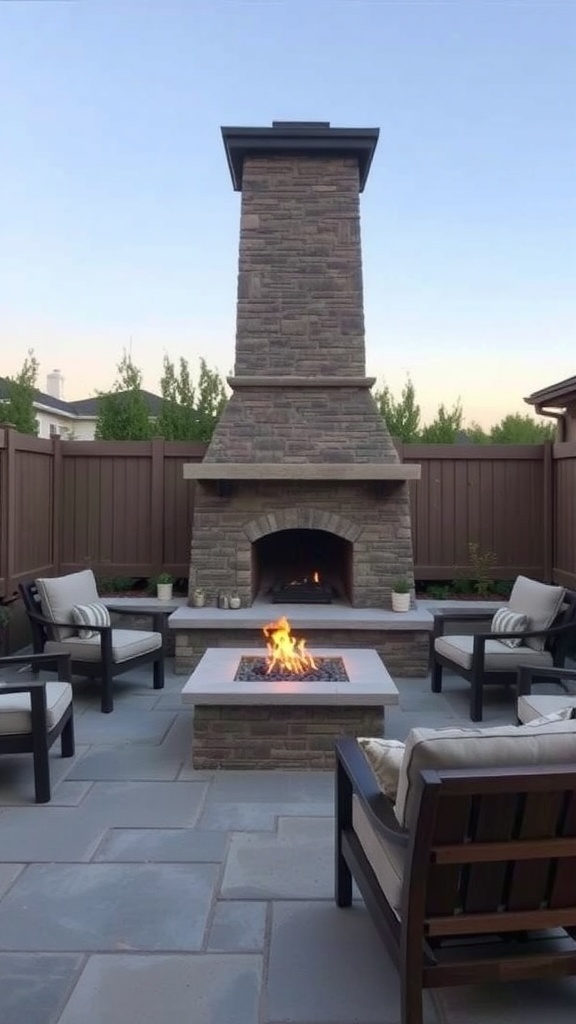Outdoor fireplace with seating area on a patio