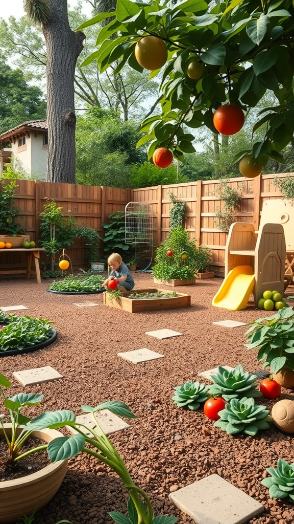 A child in a garden play area, picking tomatoes among plants and a slide.