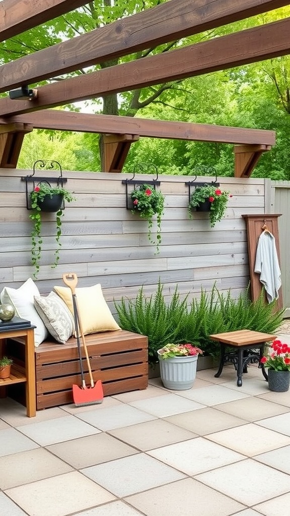 A stylish Japandi patio featuring a wooden storage bench, hanging planters, and potted plants.