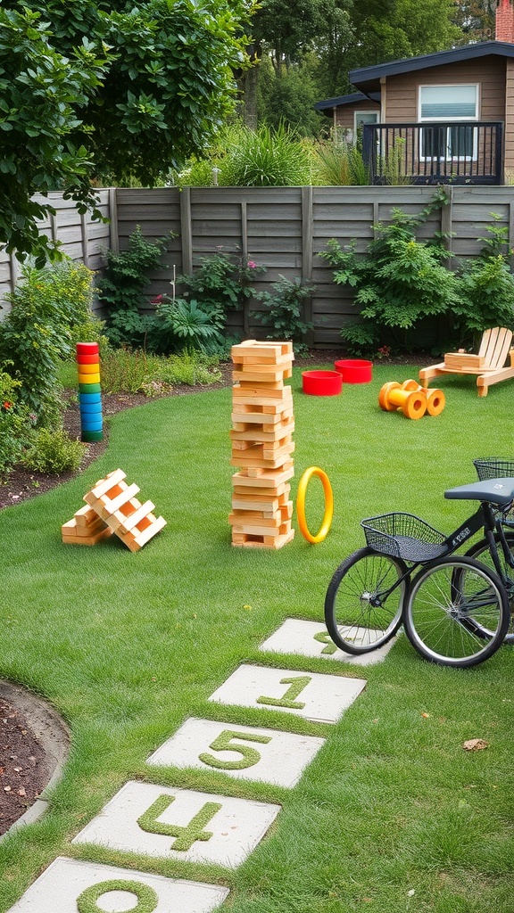 A colorful kids play area in a garden featuring wooden blocks, hoops, and a hopscotch path.