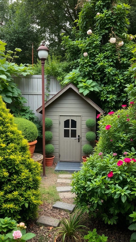 A charming playhouse surrounded by lush greenery and flowers in a garden.