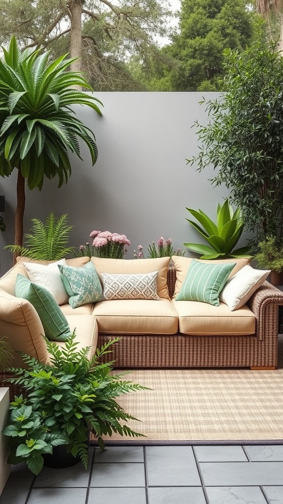 A cozy garden sofa sectional with soft cushions and vibrant throw pillows, surrounded by lush greenery.