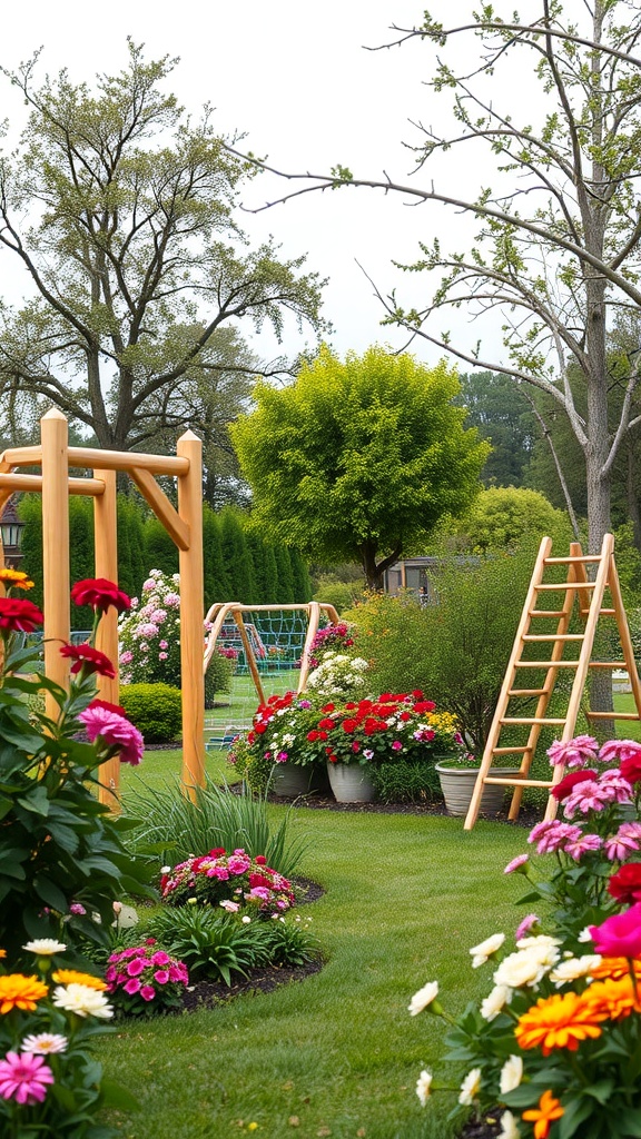 A colorful garden with climbing frames and vibrant flowers