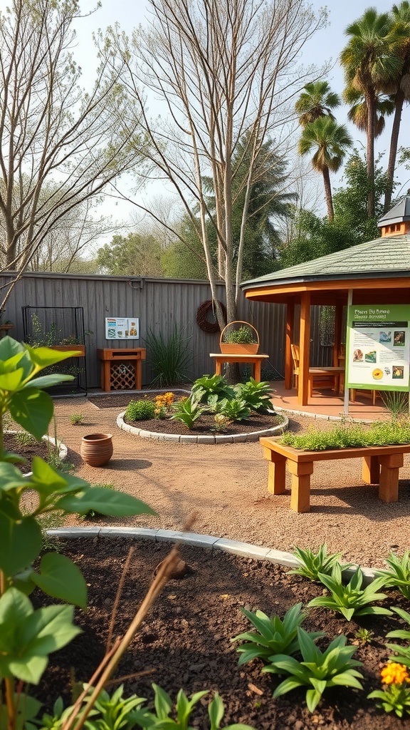 A garden featuring educational stations with benches and information signs for kids.