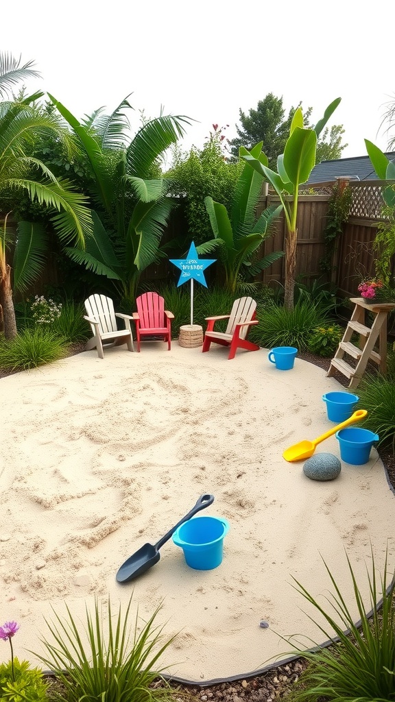 A sand play area in a garden with colorful buckets and shovels surrounded by lush greenery.