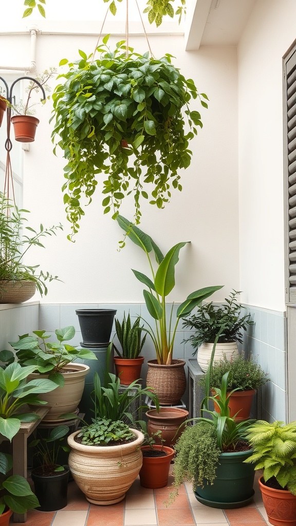 A collection of various potted plants and a hanging plant in a cozy patio setting.
