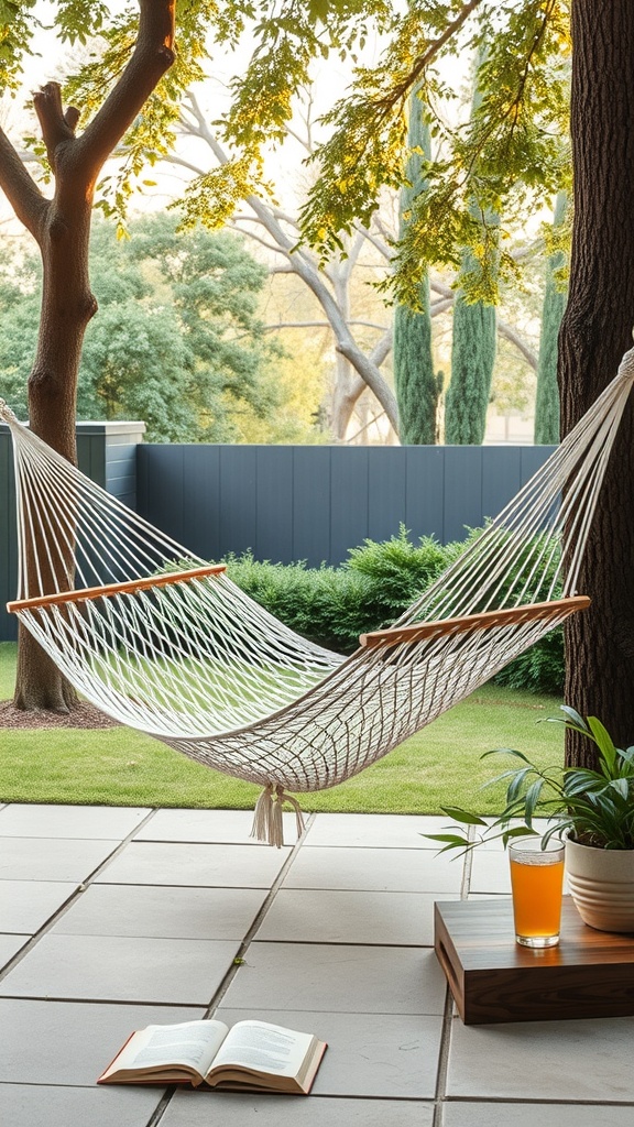 A cozy hammock set between trees with a drink and an open book nearby.