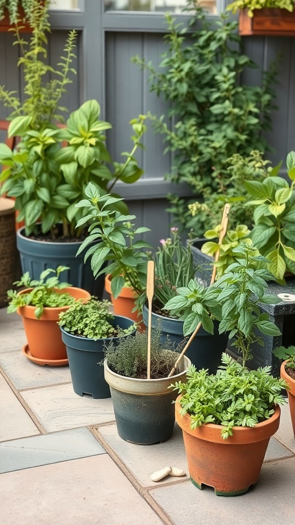 A collection of potted herbs including mint, basil, and thyme arranged on a patio.