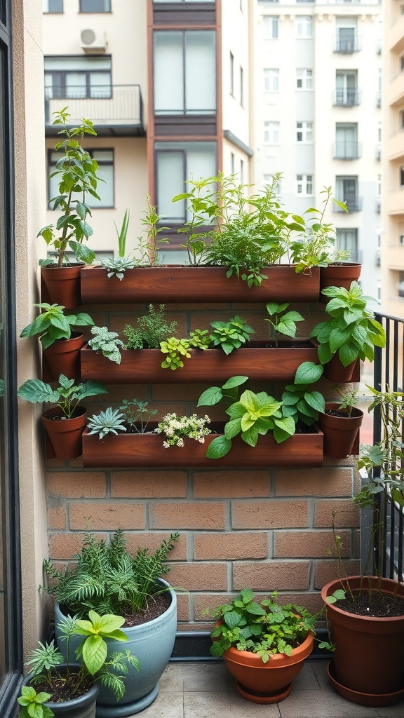 A vertical herb garden wall with various herbs in pots, set against a modern building backdrop.