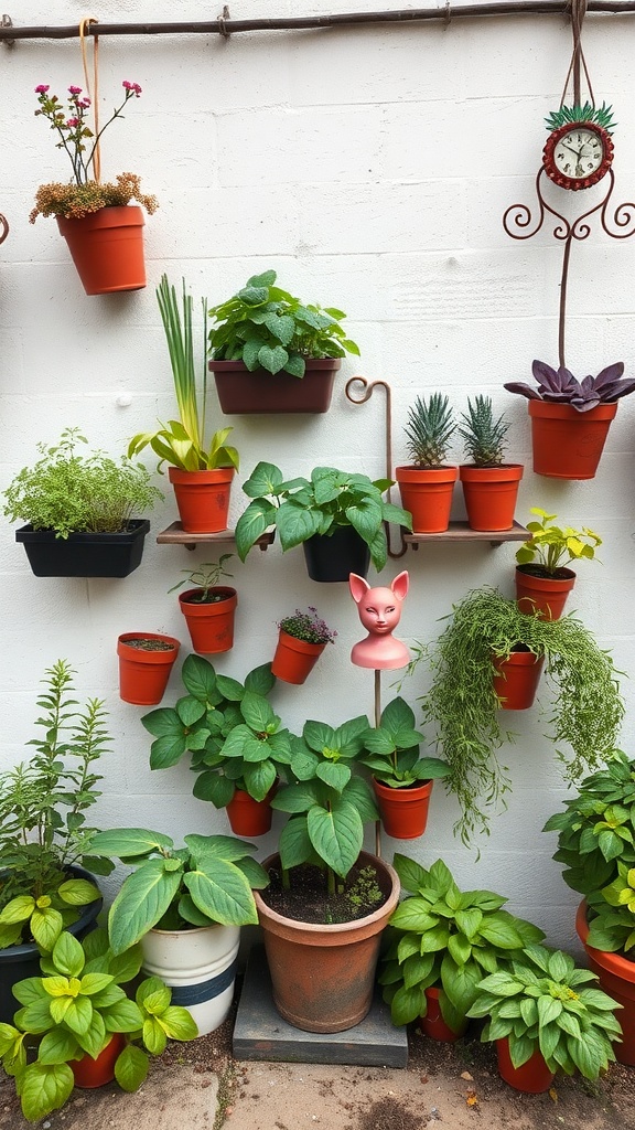 A colorful herb wall with various plants in terracotta pots against a white background, featuring a whimsical pink head and a decorative clock.