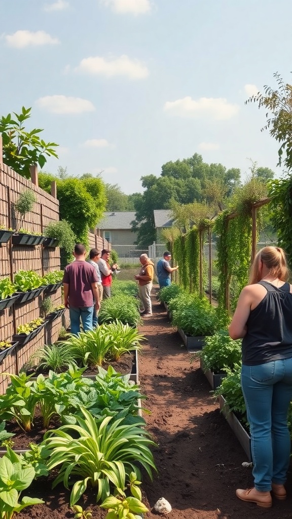 People tending to a vibrant herb garden with vertical walls filled with greenery.