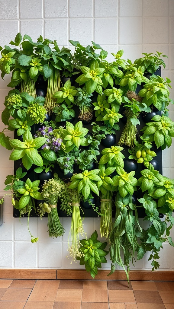 A vertical herb garden wall filled with various green herbs.