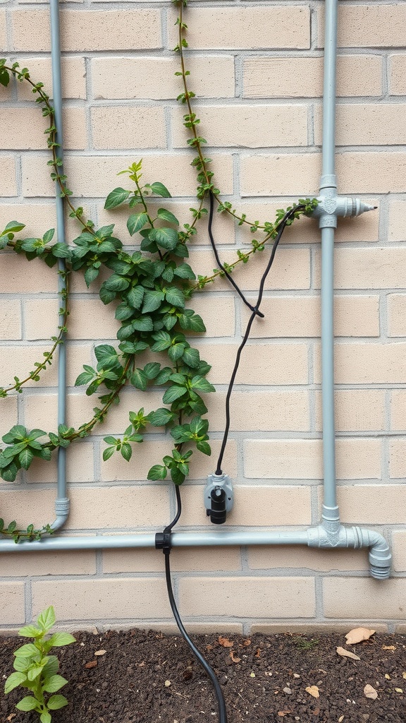 Irrigation pipes with climbing herbs on a wall