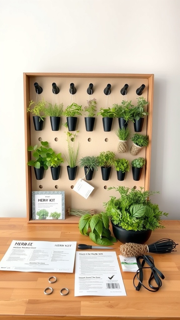 An organized herb wall kit with various herbs in black pots, instructions, and tools on a wooden table.