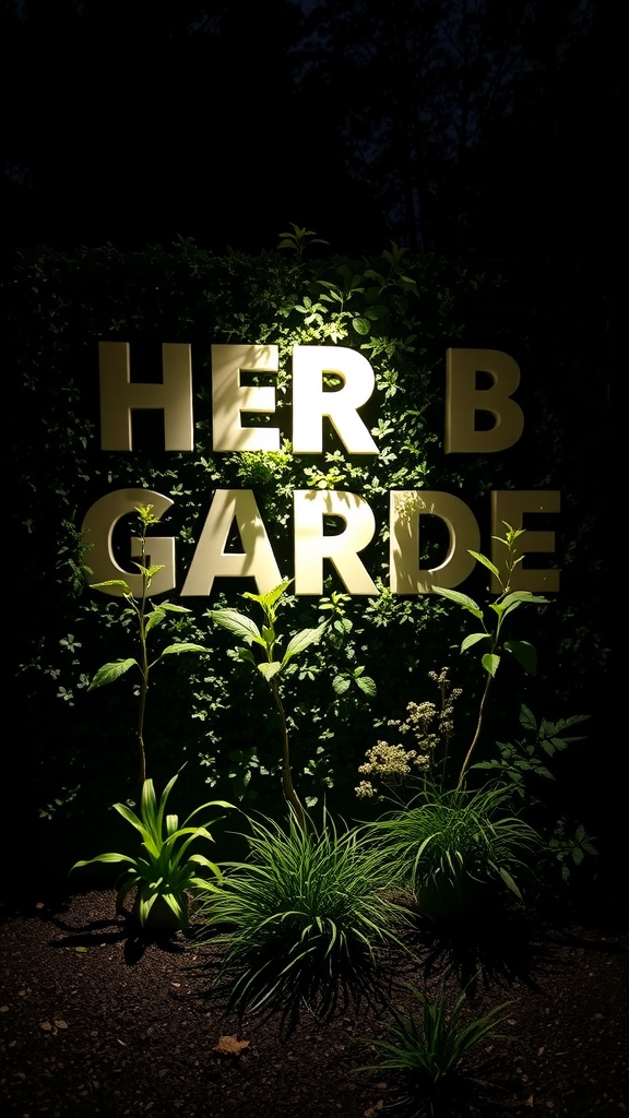 Illuminated sign reading 'HERB GARDEN' surrounded by plants in a dark setting.