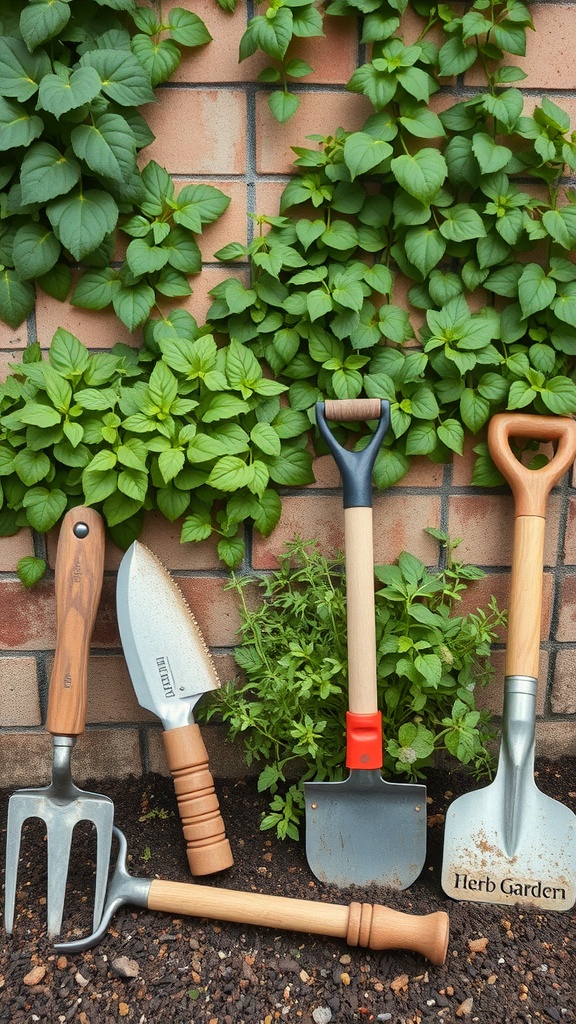 A selection of gardening tools including a fork, trowel, hand cultivator, weeder, and spade, arranged in front of a vibrant herb wall.