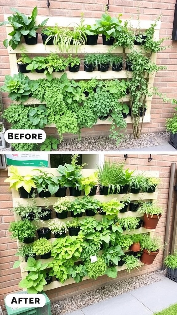 Before and after images of a herb garden wall transformation.