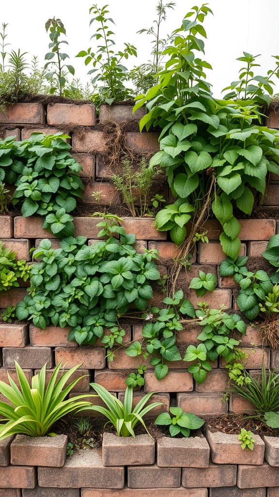 A vertical herb garden made of bricks, showcasing various green plants and herbs.