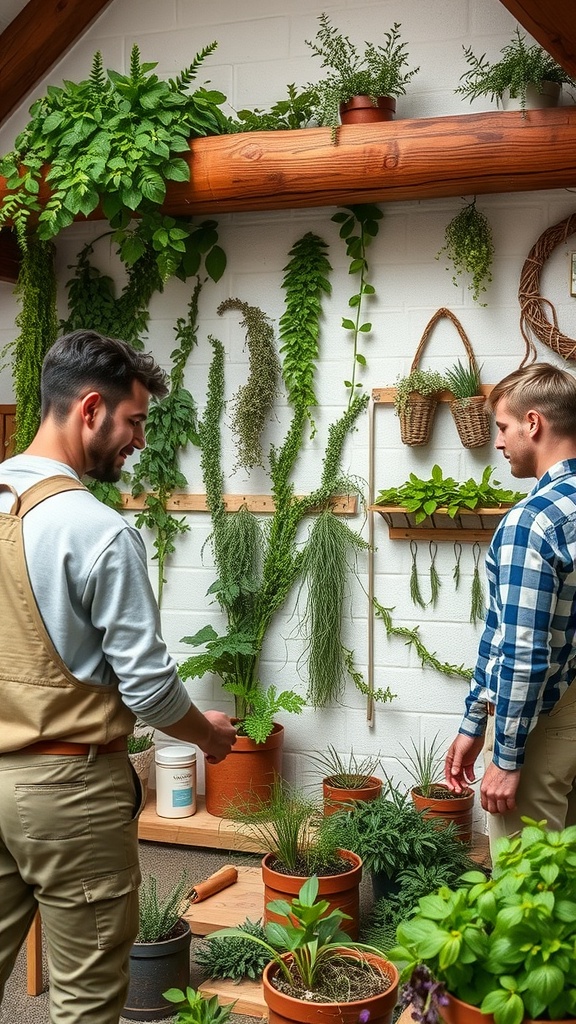 Two women observing a vertical herb garden wall with various plants in pots.