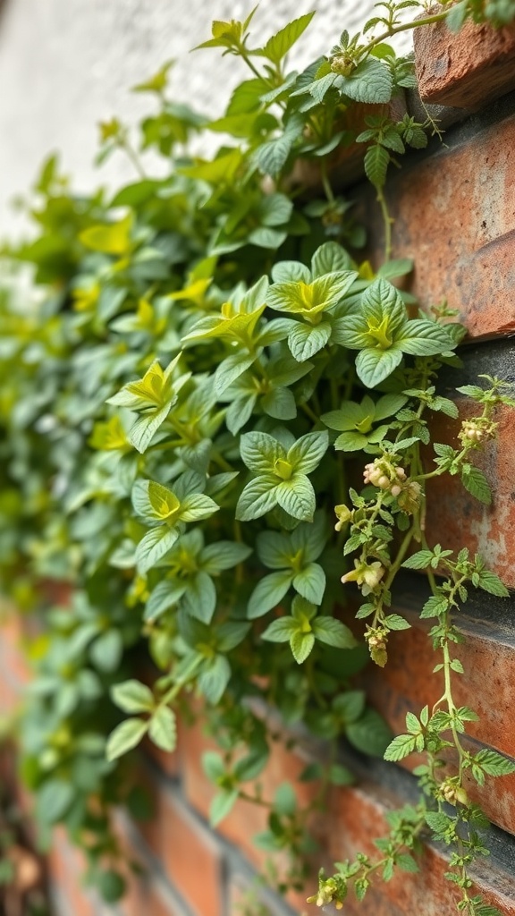 A close-up of green herbs growing on a brick wall, showcasing mint and thyme.