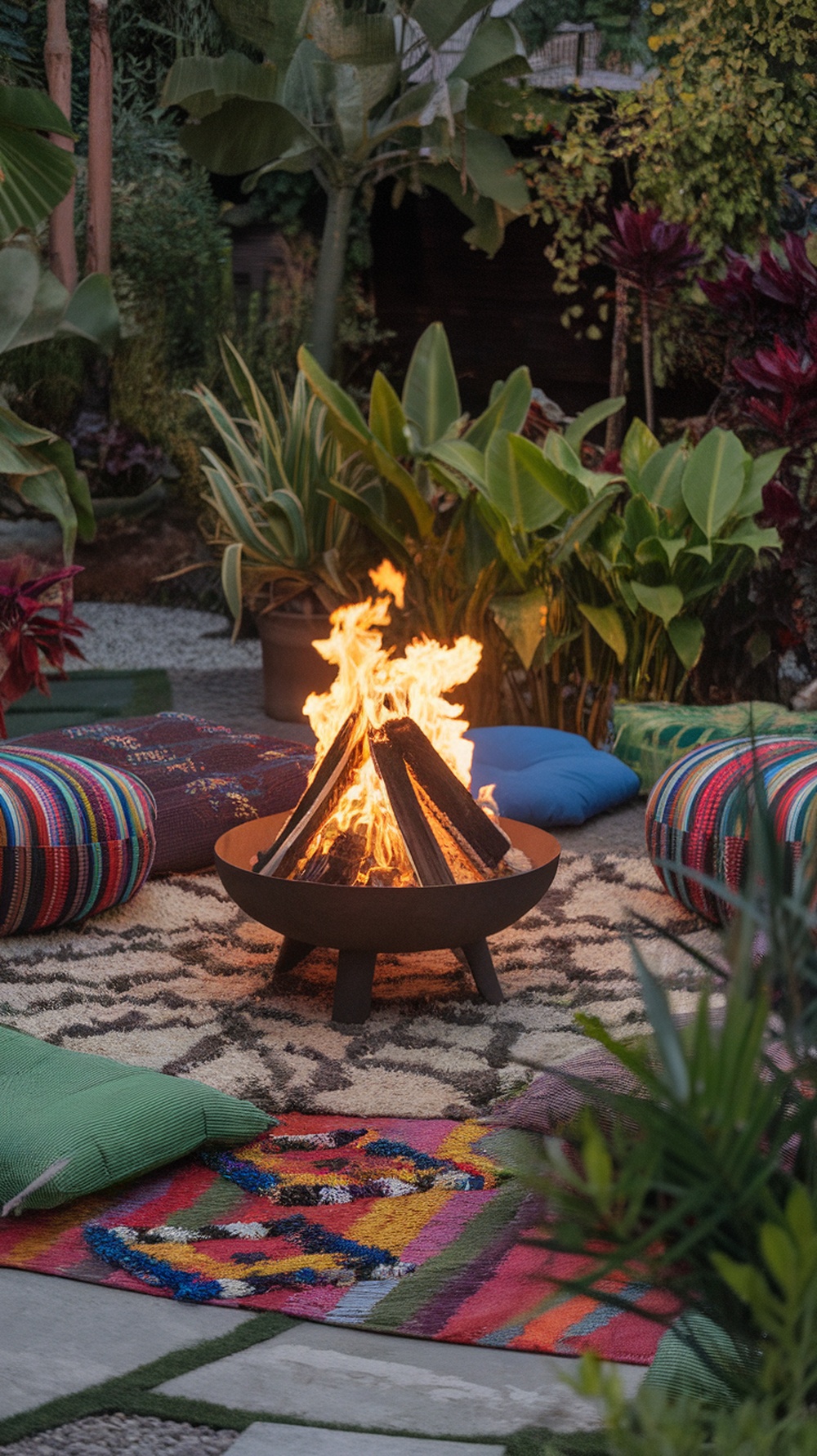 A modern fire pit surrounded by colorful cushions and a vibrant rug in a lush garden setting.