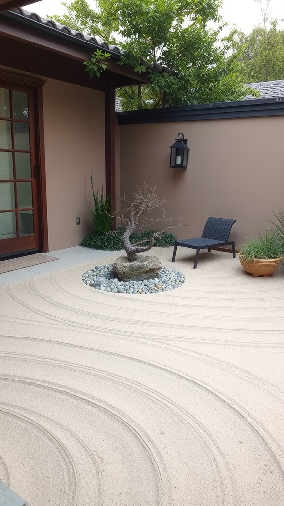 A serene Japanese Zen garden with raked sand, a small tree, and a chair.