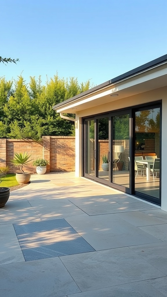 A modern patio with sliding doors leading to an outdoor area, featuring plants and a clear blue sky.