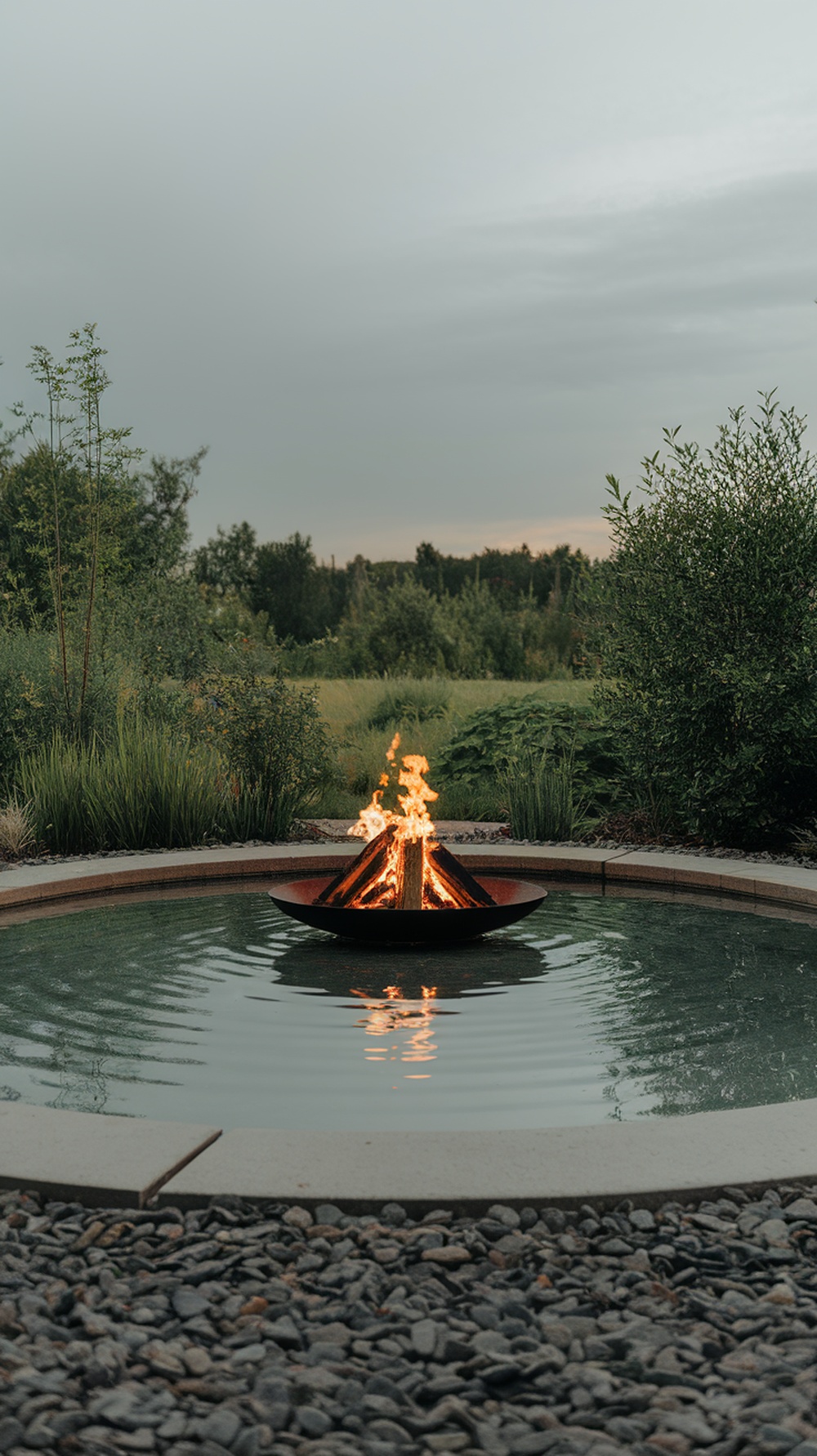 A modern fire pit surrounded by water, creating a serene outdoor setting.