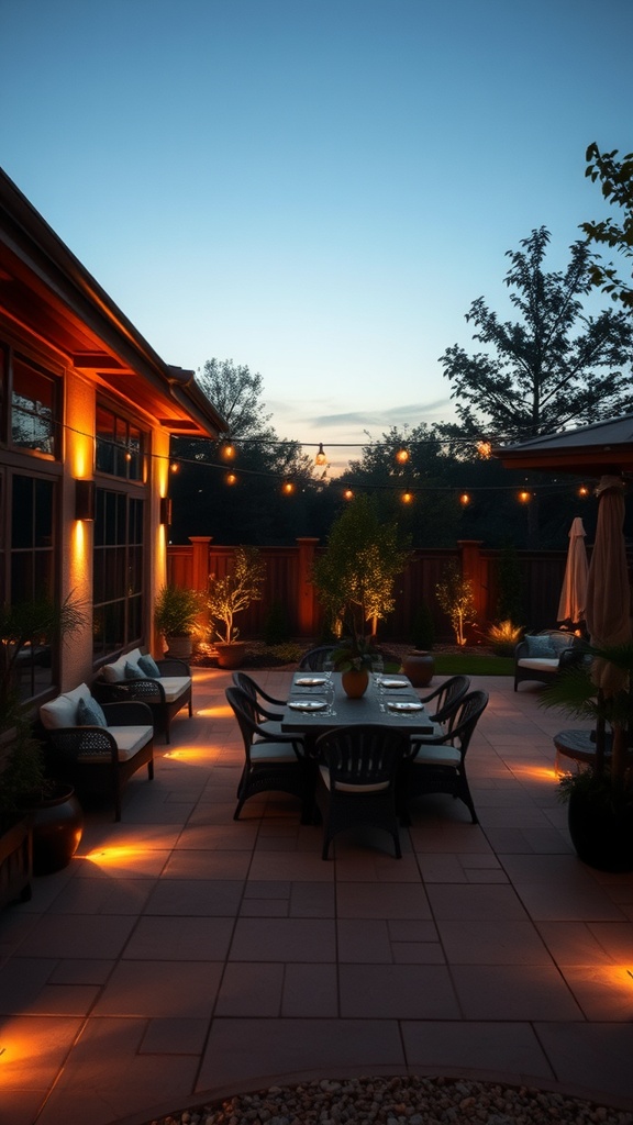 A beautifully lit patio BBQ area with string lights and spotlights highlighting seating and dining spaces.
