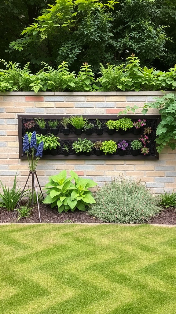 A vertical herb garden wall with various herbs in pots, set against a brick wall, surrounded by lush greenery.