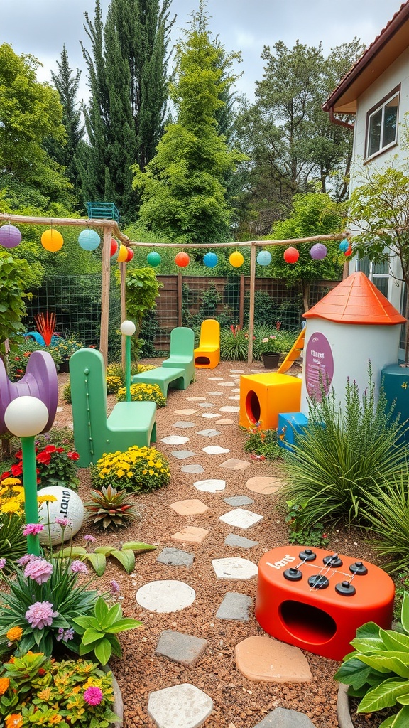 A colorful garden play area with seating, flowers, and interactive play structures.
