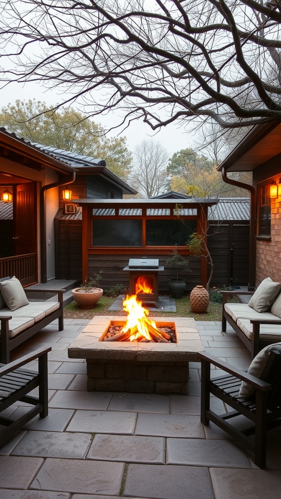 Cozy Japanese-inspired fire pit area with seating and a warm fire.