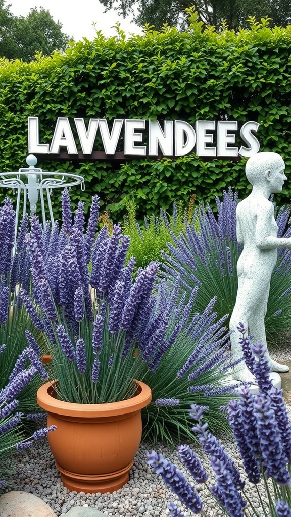 A lavender-themed garden with purple lavender plants, a sculpture, and a sign reading 'LAVVENDEES'.